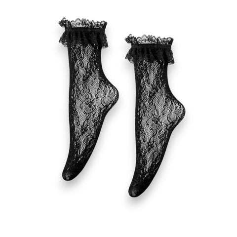 Black tall lace ruffle ankle socks with adjustable fit and frilly topper, styled for gothic, kawaii, and coquette fashion looks