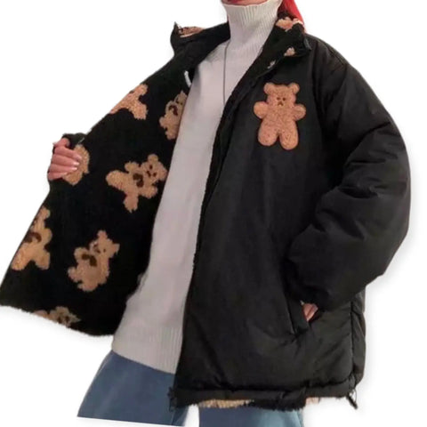 Black teddy bear reversible winter coat with graphic fleece lining and black puffer exterior – warm sherpa streetwear jacket with front pockets and zip closure