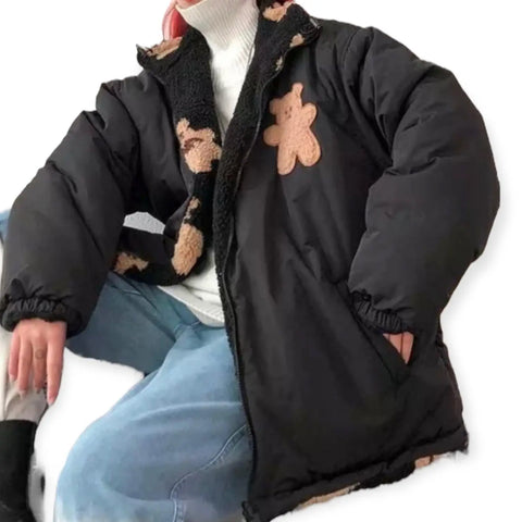 Black teddy bear reversible winter coat with graphic fleece lining and black puffer exterior – warm sherpa streetwear jacket with front pockets and zip closure
