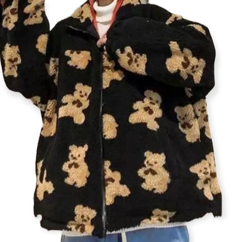 Black teddy bear reversible winter coat with graphic fleece lining and black puffer exterior – warm sherpa streetwear jacket with front pockets and zip closure