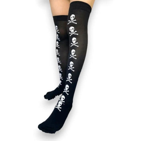 Over the knee socks with skull and crossbones print