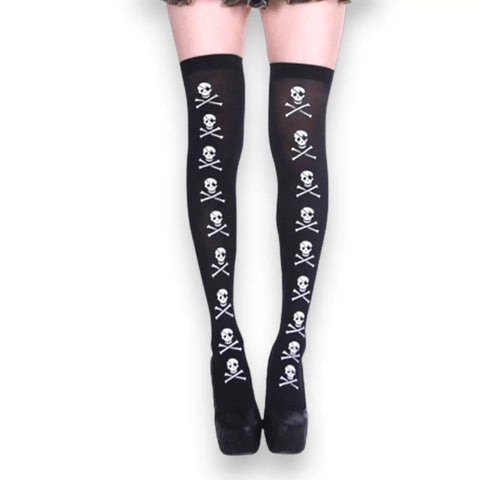 Over the knee socks with skull and crossbones print