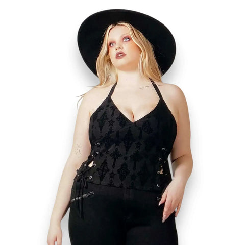 Black V Neck Lace Up Sides Cropped Halter Top model wearing wide brim hat black pants plus size 4XL