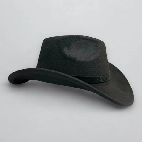 Black felt cowboy hat with tall pinched crown, wide curled brim and gold-tone chain hatband