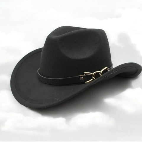 Black felt cowboy hat with tall pinched crown, wide curled brim and gold-tone chain hatband
