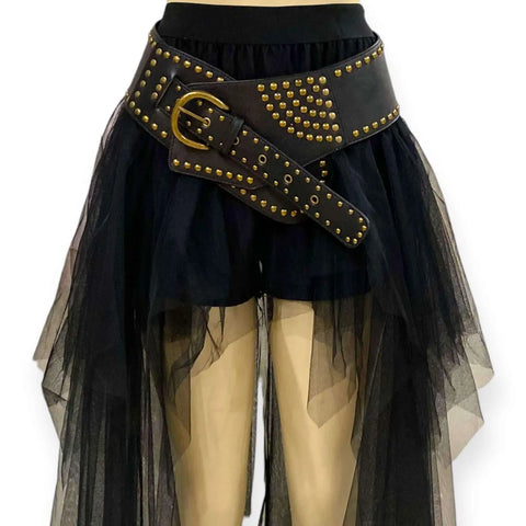 black wide studded belt with asymmetrical wrap design, grommets and cutouts, single pin buckle closure, faux leather statement belt
