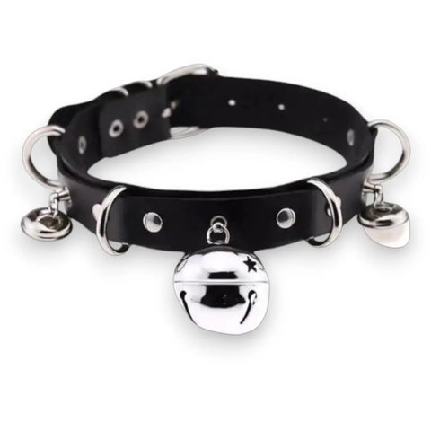 Silver Bells Wide Leather Buckle Choker with black strap, studs, and D rings flat lay
