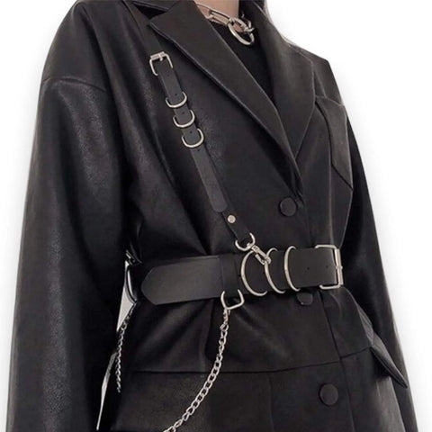 Black Wide Waist Chest Harness Belt Silver D Rings Adjustable Silver Belt Chain