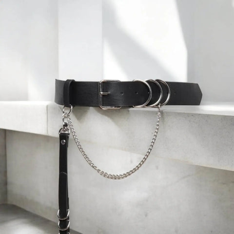 Black Wide Waist Chest Harness Belt Silver D Rings Adjustable Silver Belt Chain