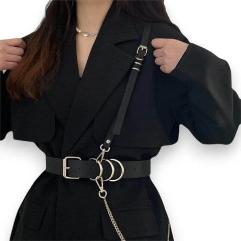 Black Wide Waist Chest Harness Belt Silver D Rings Adjustable Silver Belt Chain