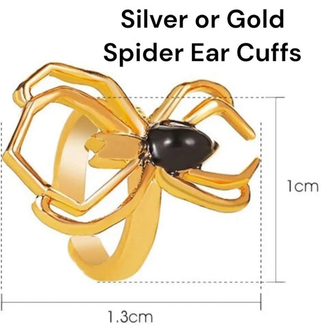 Black Widow Spider Ear Cuff in gold or silver tone with black body, adjustable non-pierced ear jewelry.