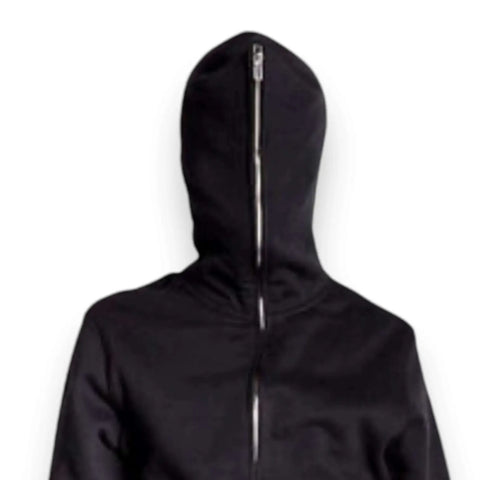 Black zip up face hooded long jacket with full zip hood that covers face, oversized fit, side pockets, ribbed cuffs, and high-low asymmetrical hem, sizes 2XL and 3XL