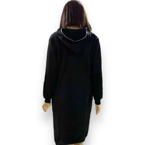 Black zip up face hooded long jacket with full zip hood that covers face, oversized fit, side pockets, ribbed cuffs, and high-low asymmetrical hem, sizes 2XL and 3XL