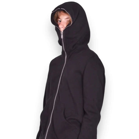 Black zip up face hooded long jacket with full zip hood that covers face, oversized fit, side pockets, ribbed cuffs, and high-low asymmetrical hem, sizes 2XL and 3XL