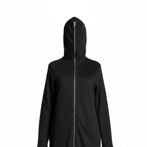 Black Zip Up Face Hooded Long Jacket with full-face zipper hood, oversized fit and long high-low streetwear silhouette