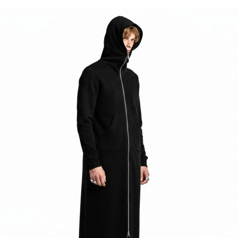 Black Zip Up Face Hooded Long Jacket with full-face zipper hood, oversized fit and long high-low streetwear silhouette