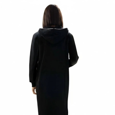 Black Zip Up Face Hooded Long Jacket with full-face zipper hood, oversized fit and long high-low streetwear silhouette