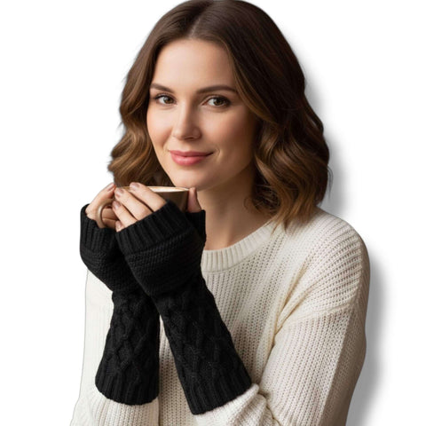 winter long cable knit arm warmers gloves with thumb holes fingerless design in black or white wool blend cold weather accessory