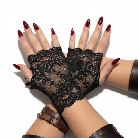 Dark black floral lace fingerless wrist gloves with thumbholes, partial hand coverage and scalloped edges