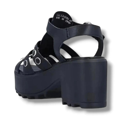 Close-up of the adjustable ankle strap and metal buckle closure on the Black Leather Crystal Platform Sandals.
