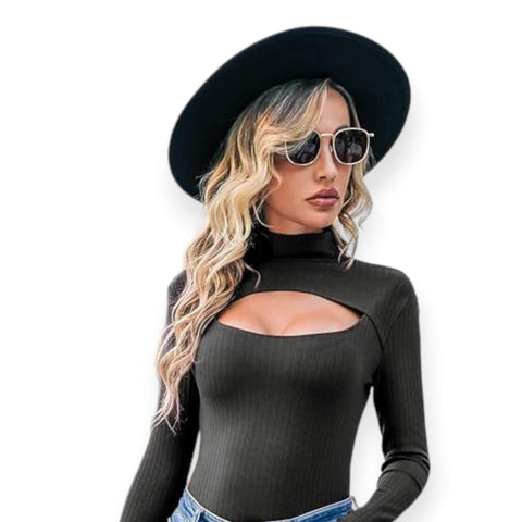 Black Mock Turtleneck Cut-Out Ribbed Long Sleeve Top - Wild Time Fashion