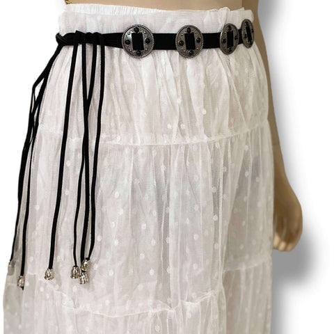 Round Medallion Braided Tassel Belt boho western adjustable black silver aztec fringe belt