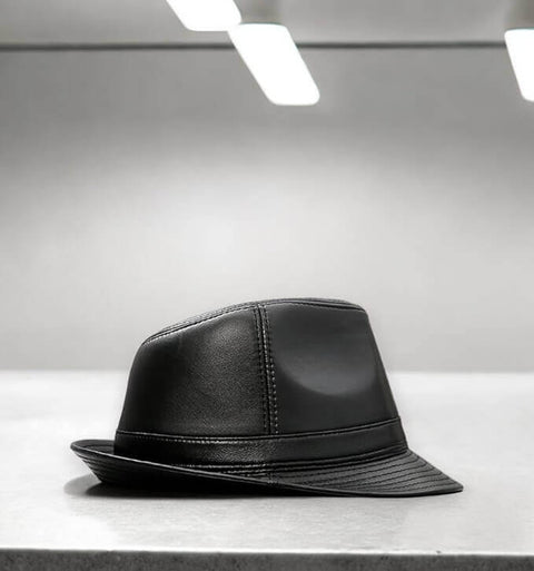 Retro Leather Trilby Fedora Hat Lifestyle—black trilby styled counter display side view