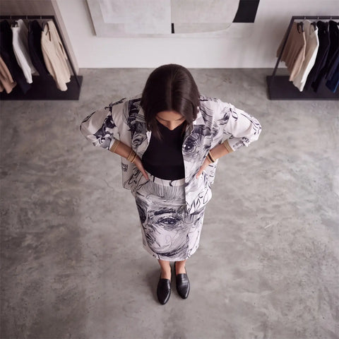 Black and white abstract portrait graphic shirt blazer with button front, collar and long sleeves
