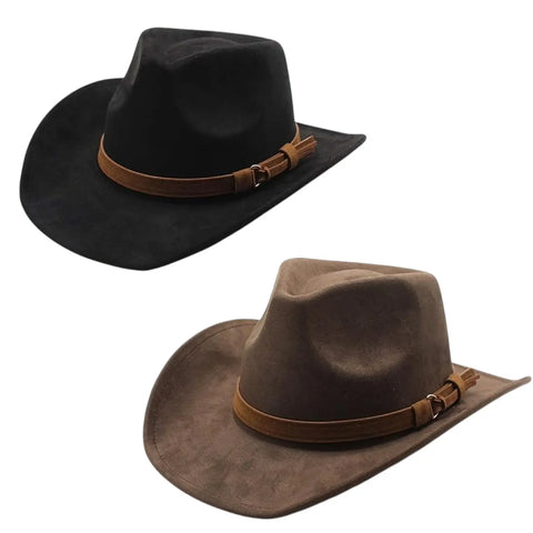 Black or Brown Western wide brim faux suede cowboy hat with tall pinched crown and removable leather fringe hatband