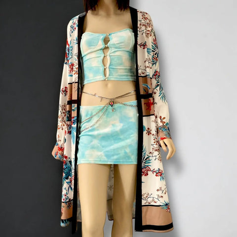 Blue White Velour Halter Mini Outfit with Waist Chain  and Floral Long Kimono Beach Cover Up Summer Attire