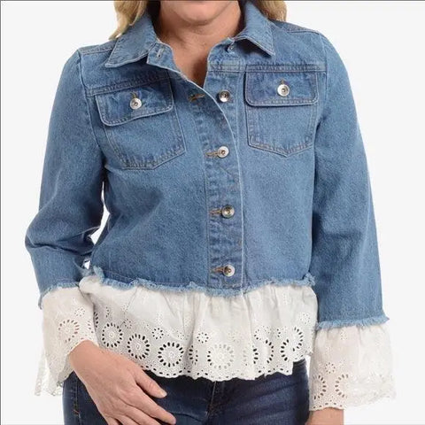 Women's Denim Button Down White Ruffle Trim Jean Jacket