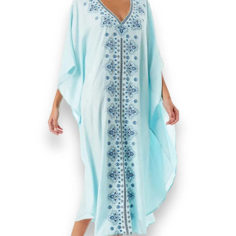 Blue Embroidery Kaftan Beach Cover-Up Dress with V-neckline, dark blue embroidery, side splits, and relaxed fit reg to plus size front