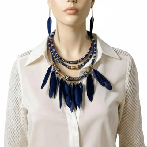 Wild West Tribal Feather Necklace and Earrings Set in dark blue with matching feather earrings