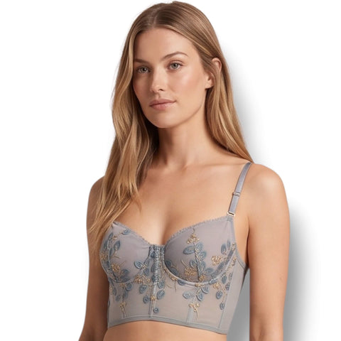 woman wearings Blue Floral Gold Bralette Corset Crop Top s/m