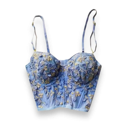 flat lay of the Blue Floral Gold Bralette Corset Crop Top