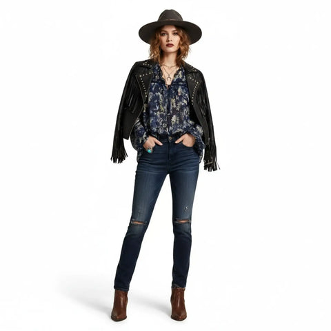 Blue floral and cream paisley A.N.A. blouse with frilled V-neckline, tassel ties and long sleeves