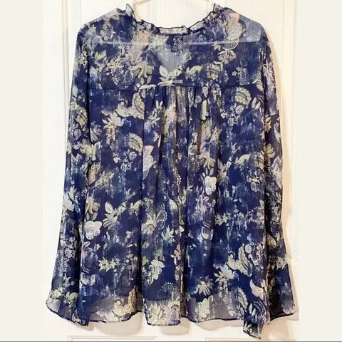 Blue floral v neck long sleeve plus size blouse with ruffle collar and tassel tie in boho multicolor print