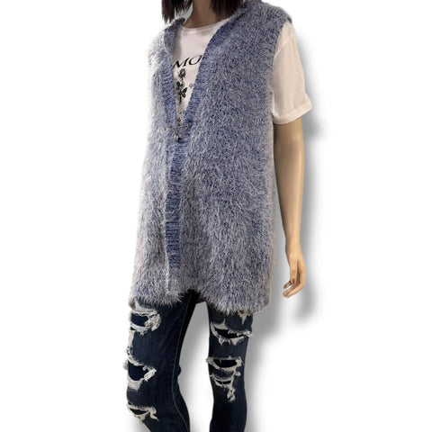 blue fuzzy long hooded vest open front mid length sleeveless faux fur knit women’s cozy outerwear layer