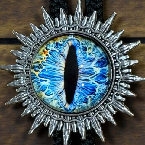 ICE Blue Gaze Eye Necktie Western Gothic Bolo Tie silver starburst large predator eye  black cord, antique-style tips unisex