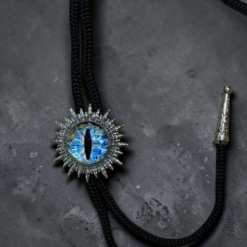 ICE Blue Gaze Eye Necktie Western Gothic Bolo Tie silver starburst large predator eye  black cord, antique-style tips unisex