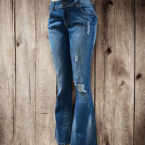 Blue Mid Rise Distressed Bootcut Jeans