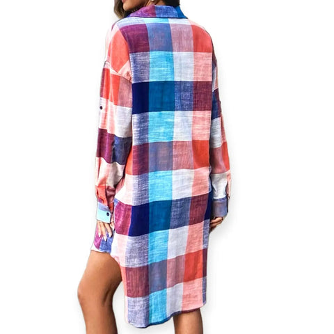 Blue Plaid Cotton Button Down Shirt Dress