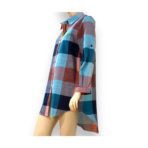 Blue Plaid Cotton Button Down Shirt Dress