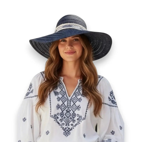 Navy blue wide brim straw sun hat with tribal hat band for summer sun sun protection