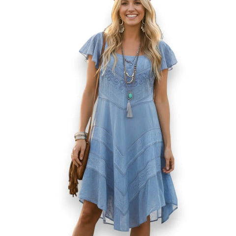 Blue Short Sleeve Asymmetrical Mini Dress - Short Sleeve Mini Dress / Large / Blue - Mini Dress
