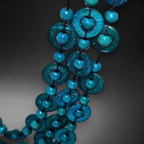 blue multi strand wood statement necklace with turquoise round and disc beads boho western layered statement jewelry