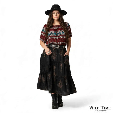 Bohemian Off Shoulder Paisley Top with smocked neckline and colorful floral print forward on shoulder