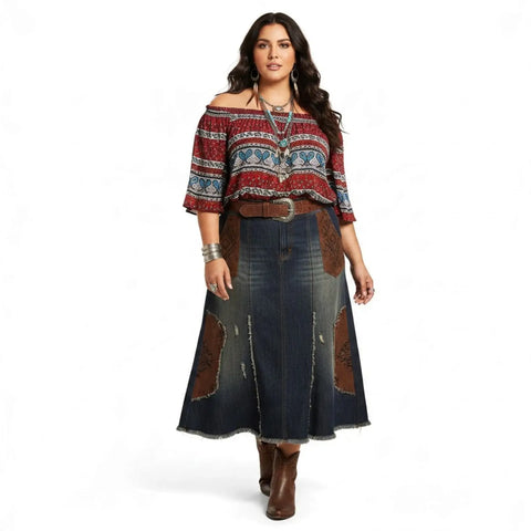Bohemian Off Shoulder Paisley Top with smocked neckline and colorful floral print forward 