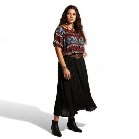 Bohemian Off Shoulder Paisley Top with smocked neckline and colorful floral print side view round neckline