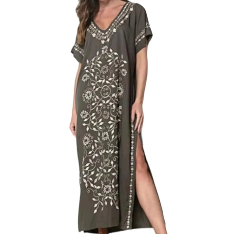 boho beach kaftan dress cover up moss green embroidery full frontal